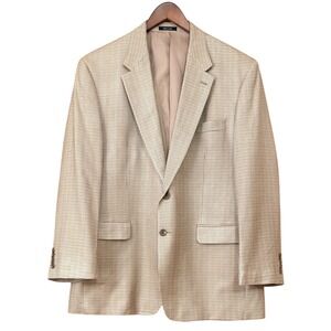 CHAPS 100% Silk Houndstooth Mens Plaid Blazer Jacket Classic Tan Brown Blue 46R